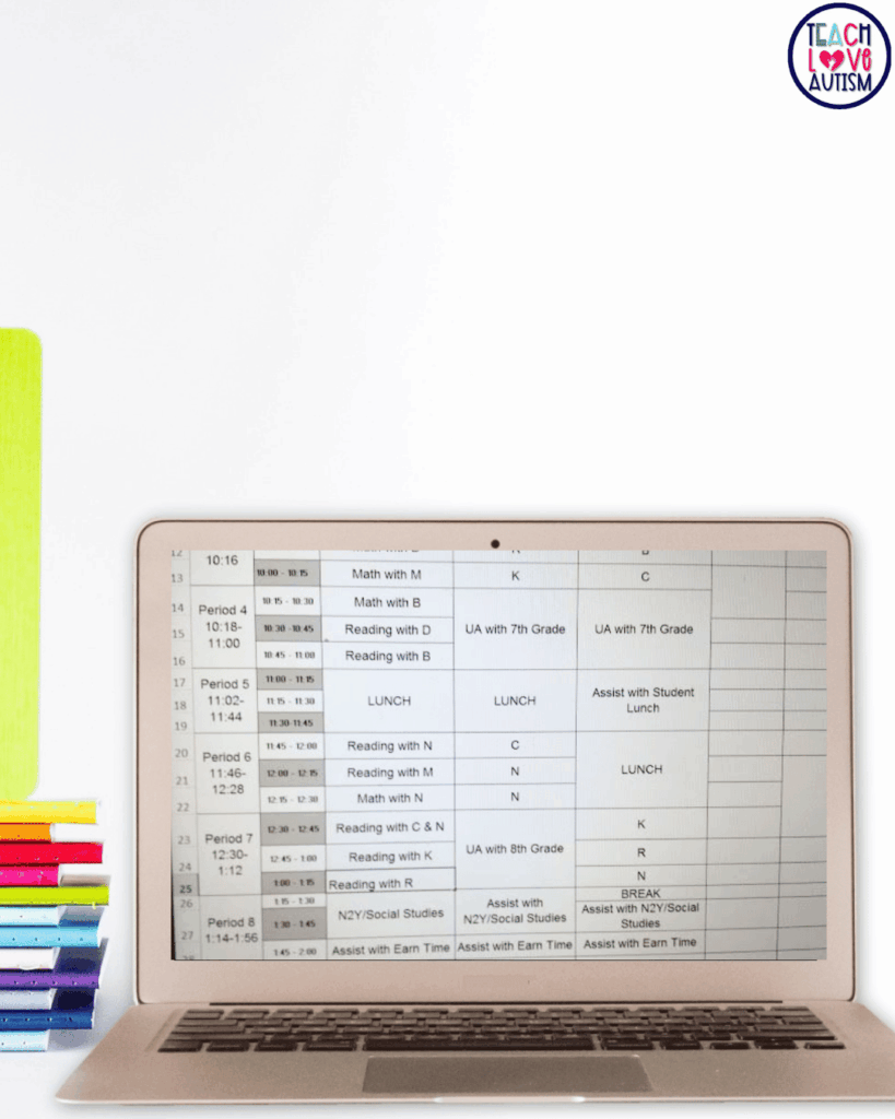 An autism classroom schedule should also support the adults in the room. In my classroom, I created a separate schedule specifically for my paraprofessionals.