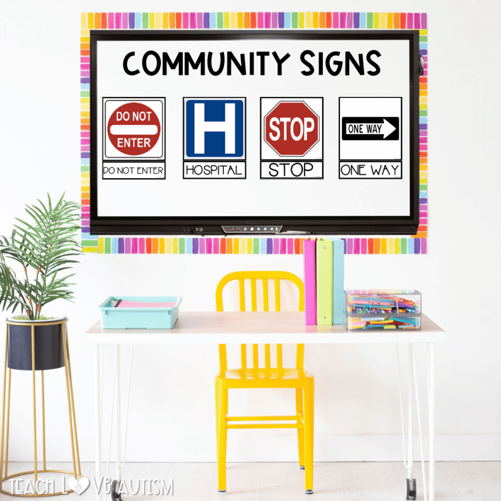 This resource includes 30 of the most commonly used community signs. This image shows just a few of the community signs included.