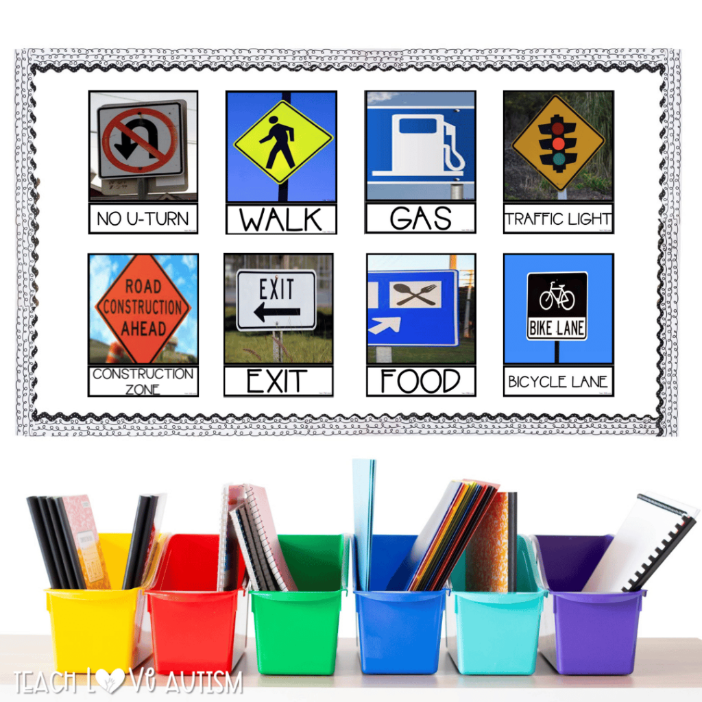 Using real photos of community signs during your lesson helps students recognize the signs outside of school.
