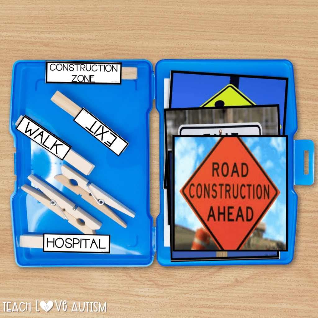 Students can use clip cards or sentence building exercises when identifying community signs.