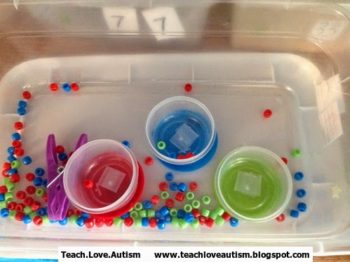 In this autism work task, students use the clothespins to pick up the beads to place into the cups. 