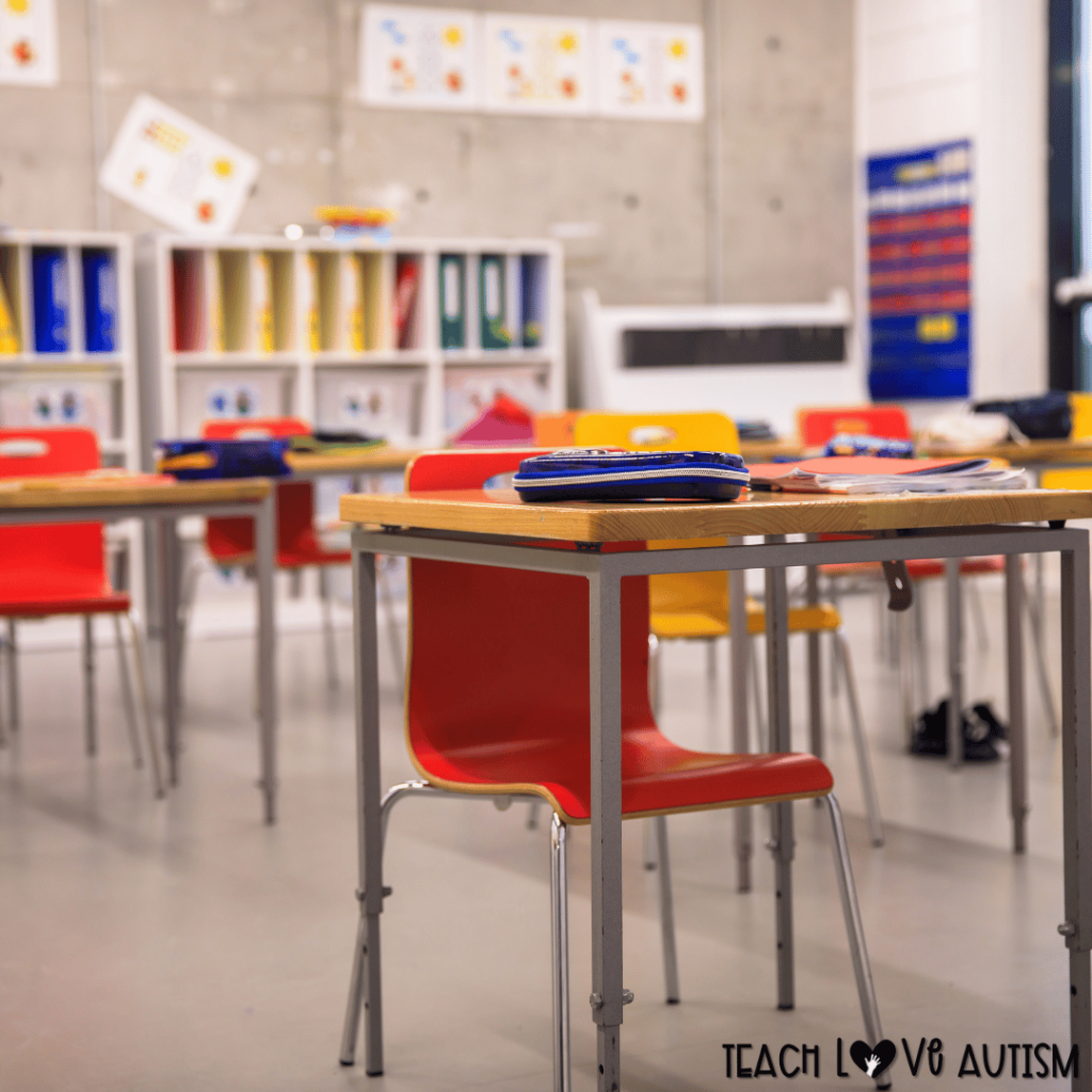 This image shows an example of a classroom setup with bright primary colors.