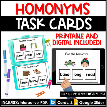 Homonyms | Grammar | Reading Printable Task Cards | Boom Cards - Teach ...