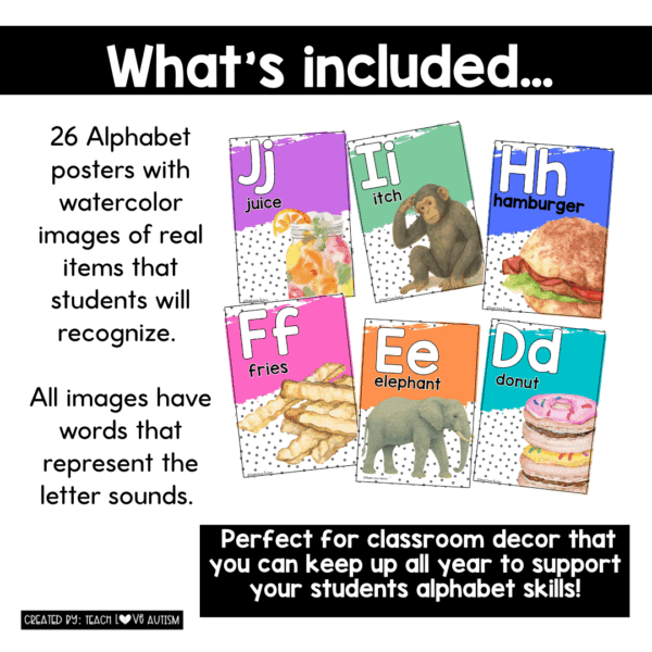 Watercolor Alphabet Posters with Real Images for Pre-K, Kindergarten, Special Ed, and Elementary Class Decor - Image 3