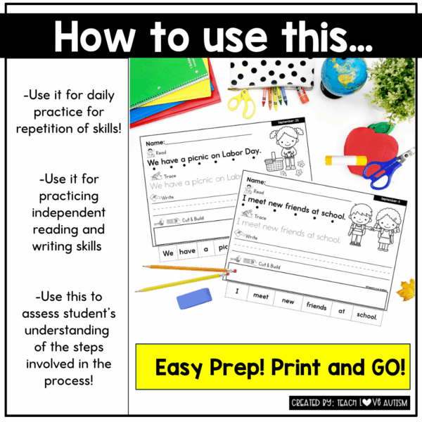 September Daily Writing Worksheets | Read, Trace, Write, and Build Activity - Image 3