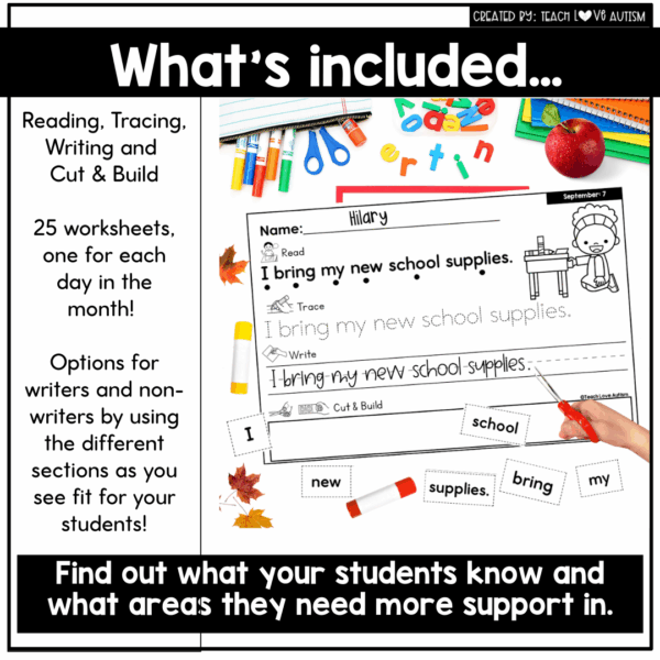 September Daily Writing Worksheets | Read, Trace, Write, and Build Activity - Image 4