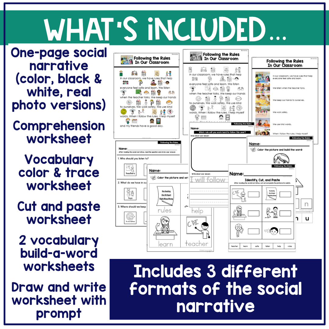 Following the Rules In Our Classroom Social Narrative for Elementary & Special Education