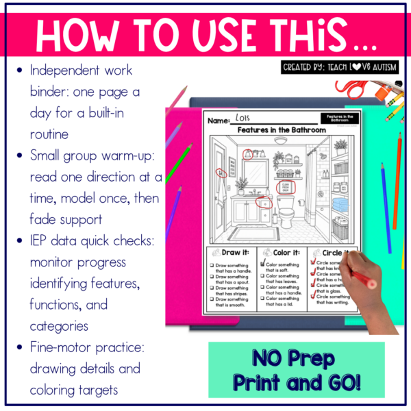 household feature function & class worksheets