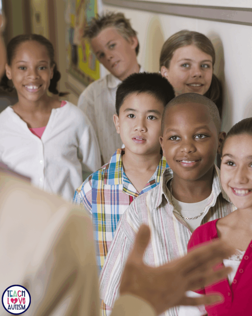 Practicing classroom routines helps students prepare for busy moments, such as lining up.