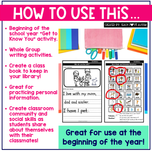 all about me adapted book and writing activity