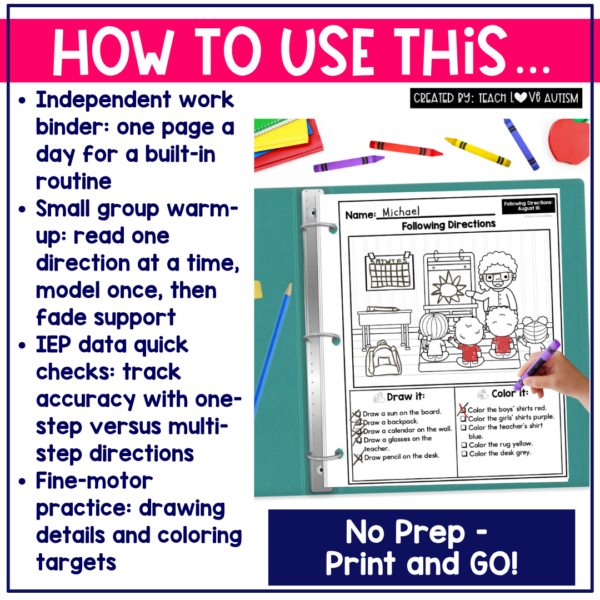 August Following Directions Worksheets
