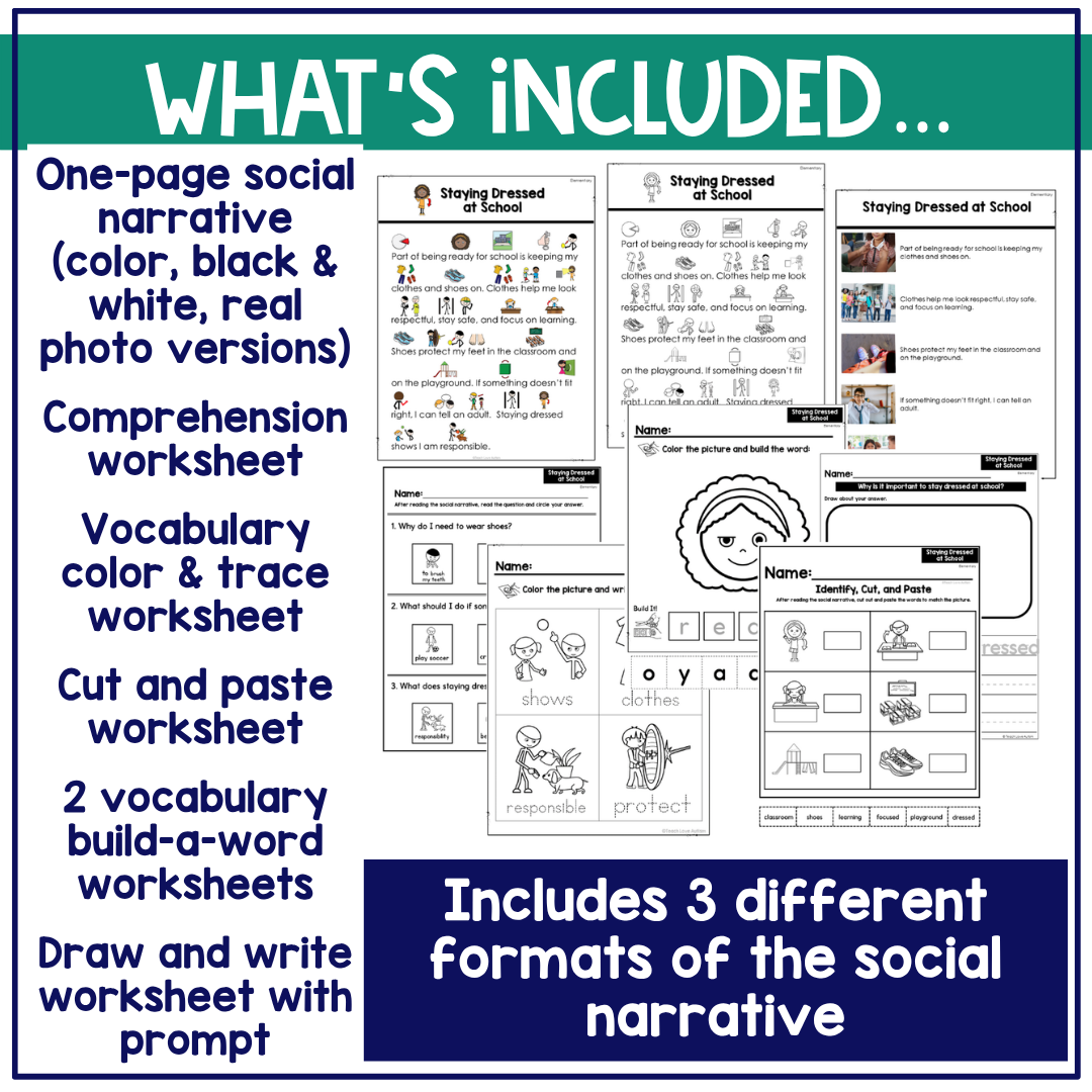 Staying Dressed at School Social Narrative for Elementary & Special Education