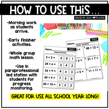 Division math fact worksheets by Teach Love Autism