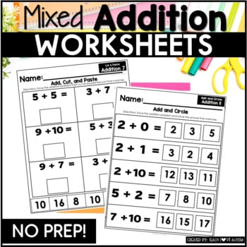 Mixed addition worksheets by Teach Love Autism