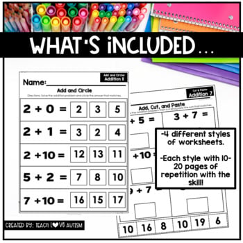 Mixed addition worksheets by Teach Love Autism