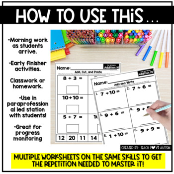 Mixed addition worksheets by Teach Love Autism