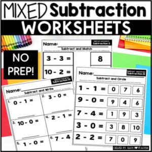 Mixed subtraction worksheets by Teach Love Autism