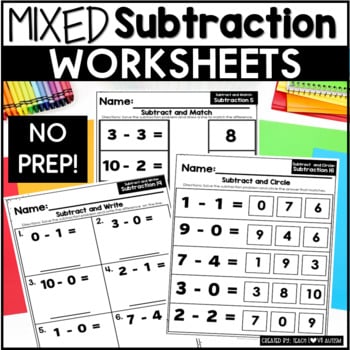 Mixed subtraction worksheets by Teach Love Autism