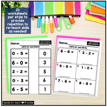 Mixed subtraction worksheets by Teach Love Autism