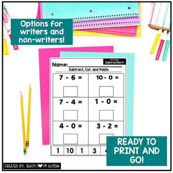 Mixed subtraction worksheets by Teach Love Autism
