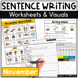 November Sentence Writing Worksheets and Visuals