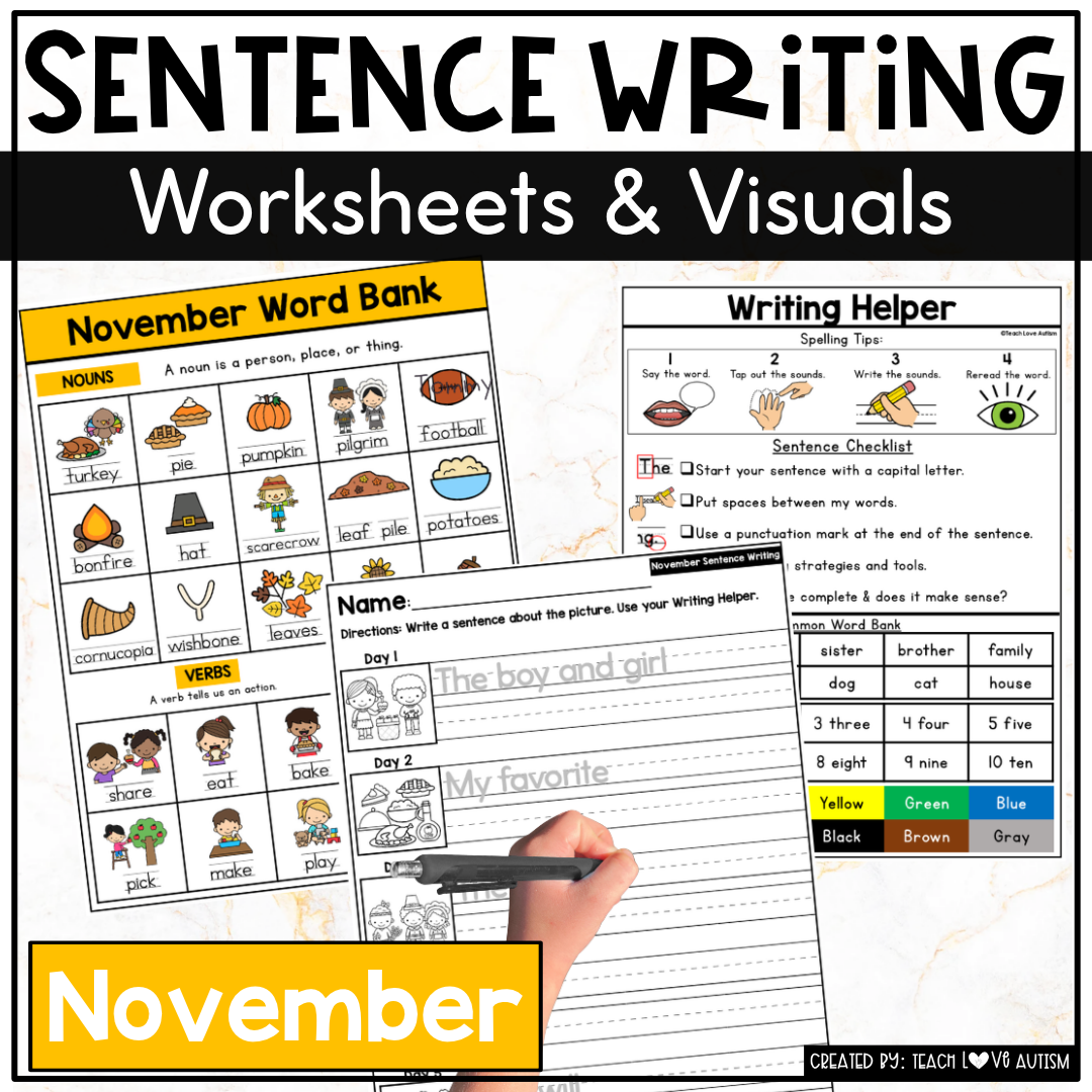 November Sentence Writing Worksheets and Visuals