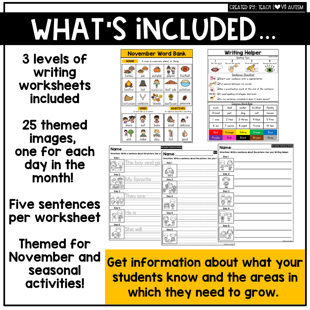 November Sentence Writing Worksheets