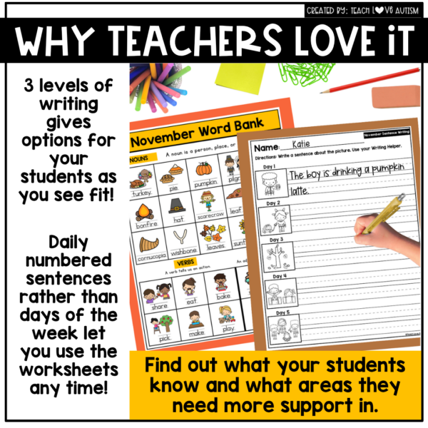 November Sentence Writing Worksheets
